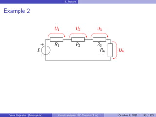 8. lecture


Example 2

                               U1                 U2                 U3
                                                                        
                                        ‡                  ‡                ‡
                                                                              
                           
                           + R1                   R2                  R3
                       E                                               R4    U4
                           
                           −                                                W




 Vesa Linja-aho (Metropolia)       Circuit analysis: DC Circuits (3 cr)      October 8, 2010   93 / 125
 