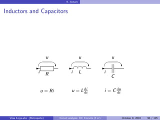 9. lecture


Inductors and Capacitors




                                u                       u                       u
                                                                                
                                            - §¤¤¤
                                               §§ ‡
                                     ‡                                              ‡
                     -                               -
                        i       R              i        L                   i
                                                                                C

                                                     di
                            u = Ri             u = L dt                     i = C du
                                                                                  dt




  Vesa Linja-aho (Metropolia)        Circuit analysis: DC Circuits (3 cr)              October 8, 2010   96 / 125
 