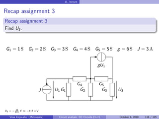 11. lecture


Recap assignment 3
Recap assignment 3
Find U3 .



G1 = 1 S G2 = 2 S G3 = 3 S G4 = 4 S G5 = 5 S g = 6 S J = 3 A
                                     
                                                                  
                                                                   
                                                                    gU1

                                                              r
                              
                               6                  G4                  G5
                          J      U1 G1             G2                  G3   U3
                              
                               c                                            c

       48
U3 = − 115 V ≈ −417 mV

   Vesa Linja-aho (Metropolia)     Circuit analysis: DC Circuits (3 cr)     October 8, 2010   116 / 125
 