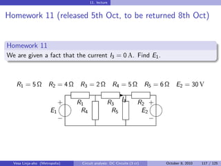 11. lecture


Homework 11 (released 5th Oct, to be returned 8th Oct)


Homework 11
We are given a fact that the current I3 = 0 A. Find E1 .



   R1 = 5 Ω           R2 = 4 Ω   R3 = 2 Ω           R4 = 5 Ω            R5 = 6 Ω    E2 = 30 V
                                                       -
                          
                          + R1                  R3 I3               R2 +
                       E1    R4                  R5                  E2
                                                                      
                          −                                             −




  Vesa Linja-aho (Metropolia)    Circuit analysis: DC Circuits (3 cr)          October 8, 2010   117 / 125
 