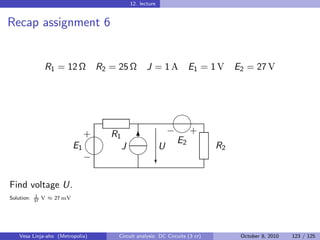 12. lecture


Recap assignment 6


             R1 = 12 Ω           R2 = 25 Ω        J = 1A            E1 = 1 V   E2 = 27 V



                                                             
                                       
                              −
                            + R1          +
                                   6   E2
                         E1      J   U      R2
                             
                            −        c

Find voltage U.
          1
Solution: 37 V ≈ 27 mV




   Vesa Linja-aho (Metropolia)        Circuit analysis: DC Circuits (3 cr)      October 8, 2010   123 / 125
 