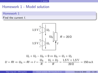 2. lecture


Homework 1 - Model solution
Homework 1
Find the current I .

                                      
                                      +
                                1,5 V   U2
                                      
                                      − c
                                          UR   R = 20 Ω
                                       c
                                      +
                                1,5 V   U1   I
                                             ?
                                      
                                      − c


               U1 + U2 − UR = 0 ⇔ UR = U1 + U2
                        UR    U1 + U2   1,5 V + 1,5 V
 U = RI ⇒ UR = RI ⇒ I =     =         =               = 150 mA
                         R       R           20 Ω

  Vesa Linja-aho (Metropolia)      Circuit analysis: DC Circuits (3 cr)   October 8, 2010   22 / 125
 