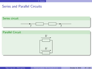 2. lecture


Series and Parallel Circuits


Series circuit
                                -                                          -
                                I                                          I

Parallel Circuit
                                                       U E



                                                       U E




  Vesa Linja-aho (Metropolia)       Circuit analysis: DC Circuits (3 cr)       October 8, 2010   27 / 125
 