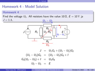 5. lecture


Homework 4 - Model Solution
Homework 4
Find the voltage U1 . All resistors have the value 10 Ω, E = 10 V ja
J = 1 A.                           U1 − U2
                                         E
                                                                       -
                                                R2                         I       
                                                                                     +
                              6                      U
                                                     2
                         J            R1        U R3
                                                  1                              E
                                                                          
                                                                     U2 − U3−
                                               ©
                                                 
                                                c                    c

                                                ' R4
                                                     U3

                                            J = U1 G1 + (U1 − U2 )G2
                                (U1 − U2 )G2 = (U2 − U3 )G3 + I
                      G3 (U2 − U3 ) + I           = U3 G4
                                   U2 − U3 = E

  Vesa Linja-aho (Metropolia)         Circuit analysis: DC Circuits (3 cr)            October 8, 2010   54 / 125
 