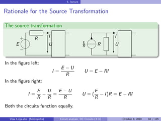 5. lecture


Rationale for the Source Transformation

The source transformation
                                -                                                -
          
          + R                   I                                              I
                                                                  6
                                                             E
      E                         U                                         R      U
                                                           R   
          −                     c                                                c

In the ﬁgure left:
                                          E −U
                                    I =                        U = E − RI
                                            R
In the ﬁgure right:
                       E  U  E −U                                       E
                I =      − =                                 U=(          − I )R = E − RI
                       R  R    R                                        R
Both the circuits function equally.

  Vesa Linja-aho (Metropolia)             Circuit analysis: DC Circuits (3 cr)       October 8, 2010   62 / 125
 