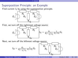 7. lecture


Superposition Principle: an Example
Find current I3 by using the superposition principle.

                 
                 + R1                         R2 +
              E1    R3                         E2
                                                
                 −                                −
                                         I
                                        ?3
First, we turn oﬀ the rightmost voltage source:

                 
                 + R1                         R2                        E1       1
              E1    R3                                     I31 =                    G
                                                                    R1 + G +G G2 +G3 3
                                                                           1
                                                                             2   3
                 −
                                         I
                                        ?31
Next, we turn oﬀ the leftmost voltage source:

                                                                 R1                    R2 +
                           E2       1
              I32 =                    G
                       R2 + G +G G1 +G3 3
                              1                                   R3                    E2
                                1   3                                                      
                                                                                           −
                                                                                I
                                                                               ?31
  Vesa Linja-aho (Metropolia)           Circuit analysis: DC Circuits (3 cr)             October 8, 2010   82 / 125
 