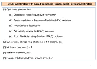 17
(1) Cyclotrons: protons, ions
(a) Classical or Fixed frequency (FF) cyclotron
(b) Synchrocyclotron or Frequency Modulated (FM) cyclotron
(c) Isochronous or Isocylotron
(d) Azimuthally varying field (AVF) cyclotron
(e) Fixed Field Alternating Gradient (FFAG) cyclotron.
(2) Synchrotron/ storage ring: electron,   1 & protons, ions
(3) Mictrotron: electron,   1
(4) Betatron: electrons,   1
(5) Circular colliders: electrons, protons, ions,   1
2.5 RF Accelerators with curved trajectories (circular, spiral): Circular Accelerators
 