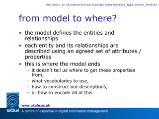 from model to where? the model defines the entities and relationships each entity and its relationships are described using an agreed set of attributes / properties this is where the model ends  it doesn’t tell us where to get those properties from, what vocabularies to use, how to construct our descriptions, or how to encode all of this 