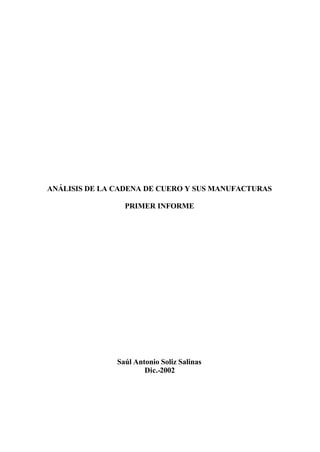 ANÁLISIS DE LA CADENA DE CUERO Y SUS MANUFACTURAS

                 PRIMER INFORME




               Saúl Antonio Soliz Salinas
                       Dic.-2002
 