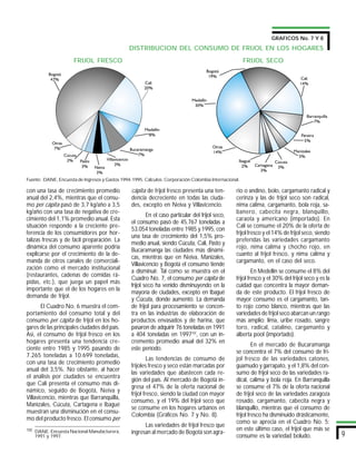 GRAFICOS No. 7 Y 8
                                                DISTRIBUCION DEL CONSUMO DE FRIJOL EN LOS HOGARES
                      FRIJOL FRESCO                                                                    FRIJOL SECO




Fuente: DANE, Encuesta de Ingresos y Gastos 1994-1995. Cálculos: Corporación Colombia Internacional.

con una tasa de crecimiento promedio             cápita de frijol fresco presenta una ten-        rio o andino, bolo, cargamanto radical y
anual del 2,4%, mientras que el consu-           dencia decreciente en todas las ciuda-           cerinza y las de frijol seco son radical,
mo per cápita pasó de 3,7 kg/año a 3,5           des, excepto en Neiva y Villavicencio.           nima calima, cargamanto, bola roja, sa-
kg/año con una tasa de negativa de cre-                                                           banero, cabecita negra, blanquillo,
                                                         En el caso particular del frijol seco,
cimiento del 1,1% promedio anual. Esta                                                            caraota y americano (importado). En
                                                 el consumo pasó de 45.767 toneladas a
situación responde a la creciente pre-                                                            Cali se consume el 20% de la oferta de
                                                 53.054 toneladas entre 1985 y 1995, con
ferencia de los consumidores por hor-                                                             frijol fresco y el 14% de frijol seco, siendo
                                                 una tasa de crecimiento del 1,5% pro-
talizas frescas y de fácil preparación. La                                                        preferidas las variedades cargamanto
                                                 medio anual, siendo Cúcuta, Cali, Pasto y
dinámica del consumo aparente podría                                                              rojo, nima calima y chocho rojo, en
                                                 Bucaramanga las ciudades más dinámi-
explicarse por el crecimiento de la de-                                                           cuanto al frijol fresco, y nima calima y
                                                 cas, mientras que en Neiva, Manizales,
manda de otros canales de comerciali-                                                             cargamanto, en el caso del seco.
                                                 Villavicencio y Bogotá el consumo tiende
zación como el mercado institucional
                                                 a disminuir. Tal como se muestra en el                    En Medellín se consume el 8% del
(restaurantes, cadenas de comidas rá-
                                                 Cuadro No. 7, el consumo per cápita de           frijol fresco y el 30% del frijol seco y es la
pidas, etc.), que juega un papel más
                                                 frijol seco ha venido disminuyendo en la         cuidad que concentra la mayor deman-
importante que el de los hogares en la
                                                 mayoría de ciudades, excepto en Ibagué           da de este producto. El frijol fresco de
demanda de frijol.
                                                 y Cúcuta, donde aumentó. La demanda              mayor consumo es el cargamanto, tan-
       El Cuadro No. 6 muestra el com-           de frijol para procesamiento se concen-          to rojo como blanco, mientras que las
portamiento del consumo total y del              tra en las industrias de elaboración de          variedades de frijol seco abarcan un rango
consumo per cápita de frijol en los ho-          productos envasados y de harina, que             más amplio: lima, uribe rosado, sangre
gares de las principales ciudades del país.      pasaron de adquirir 76 toneladas en 1991         toro, radical, catalino, cargamanto y
Así, el consumo de frijol fresco en los          a 404 toneladas en 199710/, con un in-           alberta pool (importado).
hogares presenta una tendencia cre-              cremento promedio anual del 32% en
                                                                                                           En el mercado de Bucaramanga
ciente entre 1985 y 1995 pasando de              este período.
                                                                                                  se concentra el 7% del consumo de fri-
7.265 toneladas a 10.699 toneladas,
                                                          Las tendencias de consumo de            jol fresco de las variedades catones,
con una tasa de crecimiento promedio
                                                 frijoles fresco y seco están marcadas por        guamudo y garrapato, y el 1,8% del con-
anual del 3,5%. No obstante, al hacer
                                                 las variedades que abastecen cada re-            sumo de frijol seco de las variedades ra-
el análisis por ciudades se encuentra
                                                 gión del país. Al mercado de Bogotá in-          dical, calima y bola roja. En Barranquilla
que Cali presenta el consumo más di-
                                                 gresa el 47% de la oferta nacional de            se consume el 7% de la oferta nacional
námico, seguido de Bogotá, Neiva y
                                                 frijol fresco, siendo la ciudad con mayor        de frijol seco de las variedades zaragoza
Villavicencio, mientras que Barranquilla,
                                                 consumo, y el 19% del frijol seco que            rosado, cargamanto, cabecita negra y
Manizales, Cúcuta, Cartagena e Ibagué
                                                 se consume en los hogares urbanos en             blanquillo, mientras que el consumo de
muestran una disminución en el consu-
                                                 Colombia (Gráficos No. 7 y No. 8).               frijol fresco ha disminuido drásticamente,
mo del producto fresco. El consumo per
                                                                                                  como se aprecia en el Cuadro No. 5;
                                                       Las variedades de frijol fresco que
10/ DANE. Encuesta Nacional Manufacturera,                                                        en este último caso, el frijol que más se
                                                 ingresan al mercado de Bogotá son agra-                                                           9
   1991 y 1997.                                                                                   consume es la variedad boludo.
 
