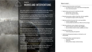 Bluecollar mobility is thought byofficeworkers and for officeworkers.
People on field havetodealwith non easyand intuitiveapps
Thefield workforceis, mainly,“digitalilliterate”.Theageofour workers
is high and there’s a lowrotation ratein Water Utility.Wateris not too
sexy for young and digitalnativepeople
Automation of data collection,remoteor directlyon thefield,never
has been a priorityfor Water Utilities.Nowthat is something “cool”
theyneed totakeprofit oftheir past investmentsin technologyfor
field workforce(apps,devices…)
Theoperations knowledgeis stilla matterofpeople.Field workers and
operators retain thegood practices andmost effectiveprocesses.No
realtransferenceprocesstotheIT systems is takingplacenowadays,
principallybecausethesesystems arenot prepared toreceiveand
managesuch a “non structured”data
Bad user experiences in theappspromotes bad practiceson thefield.
So,thegathered information is inventedin a high percentageofthe
cases.Thegoal for thefield worker on a correctivetask is repairing.The
rest is secondary…
Paper is stilla reality.Thetimelapsebetween thedata collection in
field and his usagein officeis extremelyhigh.His usagefor a
operationaldecision is unlikely…
Related to
WORKSAND INTERVENTIONS
HOW TO REACT…
• Analyzing workand interventions cloud of points
• From different points of view,segmentation and categorization
• From a historical perspective
• Implementing smart Geo tools for sketching on the field
• Attached high resolution media
• Real time messaging and chatting
• Reengineering operation mobility to fit with blue collar real capabilities
• User Experience analysis to define new journeys
• Adjusting view levels and accuracy tools to crew responsibilities
• Inventory simplified view map
• Inventory detailed view (CAD) map in different and focused apps
• Optimizing maintenance routes calculation and assignment
• Different parameters beyond Geo (skills,availability…)
• Recommendations based on location, availability and others
• Automating workplanning
• Smart taskgrouping and assignment
• Implementing fully operational awareness tools based on areal
interoperability
• Including GPS tracking in operational awareness
• Field workers location
• Geofencing
• Routing historical analysis (machine learning)
 