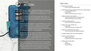 Manualmeter reading is thewayWater Utilitiesareobtaining the
necessarydata for billing.AMR and Smart Meteringarestillresidualin
front of theamount ofmeter readers dailywalking byour streets
There’s a big spacefor error in manualtype.Maybeis faster and
cheaper than other types butthehigh volumeofinspections and
complaints derived fromthis process don’tbalanceout thepotential
benefits
Thehigh dependencebetween readingand billing process makes
entireprocess toorigid.Thetranslation torealityis a hugelack of
efficiency in themeter reading plan.Whilewater billing rates
structures wereorientedtosegmentand penalizelargeconsumers,
thebilling dates willcontinuebeing inflexible.
On top of that,manualreading is often subcontracted with the
purposeofdecreaseoperationalcosts.This means less controland
influenceon theprocess and technologysubcontractorsapplytothe
guaranteequalityand feasibility.In front ofthis scenario,using
geoprocessing toobtain meter reading routes is somethingunreal…
On theother side,Smart Metering is stillimmature.Water Utilities
don’t seethebenefits rather than obtain a datareadyfor billing.In
addition,oncetheystarttoinvest in thatdirection theinfrastructure
deployment is doing with theback facinggeotechnologyand
attending onlytopermission availability.Where’s theefficiency?
Related to
METERING
HOW TO REACT…
• Monitoring asset controldata
• Real Time map (integrated with SCADA)
• Implementing Smart design and follow-up tools for meter reading campaigns
• Smart segmentation/zoning
• Real vs Planned
• Progress control(per person,per contractor…)
• Applying Smart Geo for route calculation
• Automatic generation based on multiple parameters
• Automatic recalculation in case of incidences
• Learning from readers experience
• Big Data and Machine learning application
• Analyzing meter readers provider’s SLAs
• Best providers
• Change proposals based on compliance levels
• Preparing the Smart Metering implementation
• Antennas best location map (deployment proposal)
• Calculating tangible benefits of Smart Metering adoption
• Analyzing existing Smart Metering
• Antennacriticality map
• Redundancy levelof communication network
• Analyzing meter inventory analysis
• By age
• By dimension
• By consumer type
 