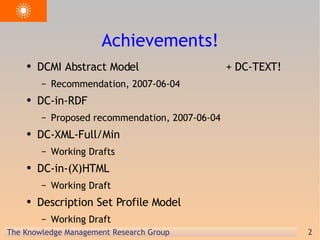 Achievements! DCMI Abstract Model  + DC-TEXT! Recommendation, 2007-06-04 DC-in-RDF Proposed recommendation, 2007-06-04 DC-XML-Full/Min Working Drafts DC-in-(X)HTML Working Draft Description Set Profile Model Working Draft 