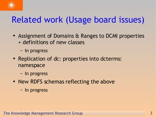 Related work (Usage board issues) Assignment of Domains & Ranges to DCMI properties + definitions of new classes In progress Replication of dc: properties into dcterms: namespace In progress New RDFS schemas reflecting the above In progress 