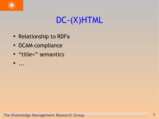 DC-(X)HTML Relationship to RDFa DCAM-compliance “title=” semantics ... 