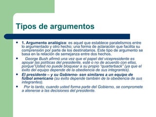 Tipos de argumentos
   1. Argumento analógico: es aquel que establece paralelismos entre
    lo argumentado y otro hecho; una forma de aclaración que facilita su
    comprensión por parte de los destinatarios. Este tipo de argumento se
    basa en la relación de semejanza entre dos hechos.
     George Bush afirmó una vez que el papel del vicepresidente es
    apoyar las políticas del presidente, esté o no de acuerdo con ellas,
    porque”Usted no puede bloquear a su propio “quarterback” (ya que el
    éxito del equipo depende de la obediencia de sus integrantes).
   El presidente – y su Gobierno- son similares a un equipo de
    fútbol americano (su éxito depende también de la obediencia de sus
    integrantes).
     Por lo tanto, cuando usted forma parte del Gobierno, se compromete
    a atenerse a las decisiones del presidente.
 