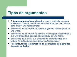 Tipos de argumentos
   2. Argumento mediante ejemplos: casos particulares como
    anécdotas, cuentos, metáforas, citas literarias, etc., se utilizan
    para extraer una regla general.
   El derecho de las mujeres a votar fue ganado sólo después de
    una lucha.
   El derecho de las mujeres a asistir a los colegios secundarios y
    a la universidad fue ganado sólo después de una lucha.
   El derecho de la mujer a la igualdad de oportunidades en el
    trabajo ha sido ganado sólo después de una lucha.
   Por tanto, todos los derechos de las mujeres son ganados
    después de luchar.
 