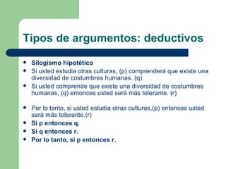 Tipos de argumentos: deductivos
   Silogismo hipotético
   Si usted estudia otras culturas, (p) comprenderá que existe una
    diversidad de costumbres humanas. (q)
   Si usted comprende que existe una diversidad de costumbres
    humanas, (q) entonces usted será más tolerante. (r)

   Por lo tanto, si usted estudia otras culturas,(p) entonces usted
    será más tolerante.(r)
   Si p entonces q.
   Si q entonces r.
   Por lo tanto, si p entonces r.
 