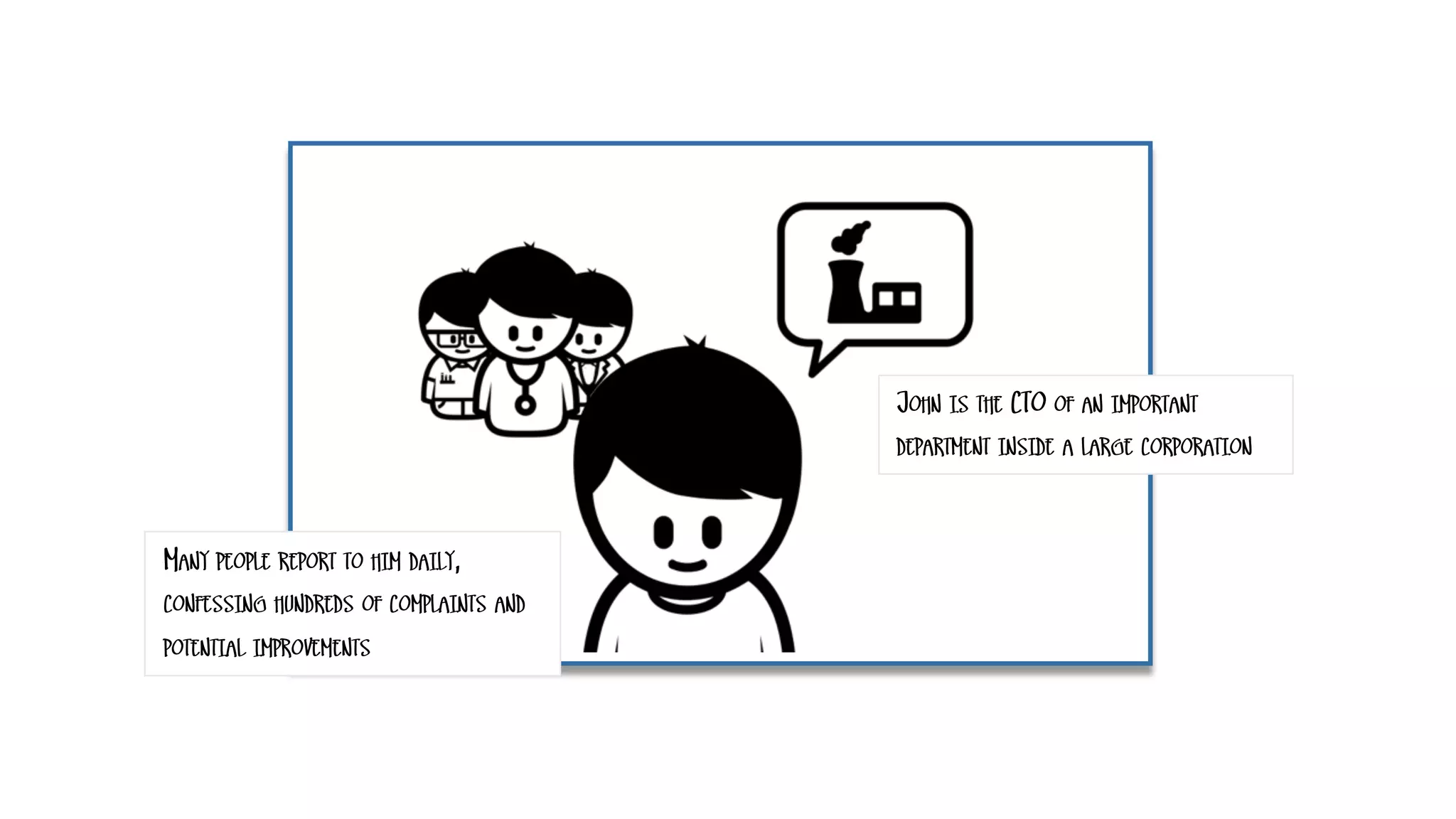JOHN IS THE CTO OF AN IMPORTANT
DEPARTMENT INSIDE A LARGE CORPORATION
MANY PEOPLE REPORT TO HIM DAILY,
CONFESSING HUNDREDS OF COMPLAINTS AND
POTENTIAL IMPROVEMENTS
 