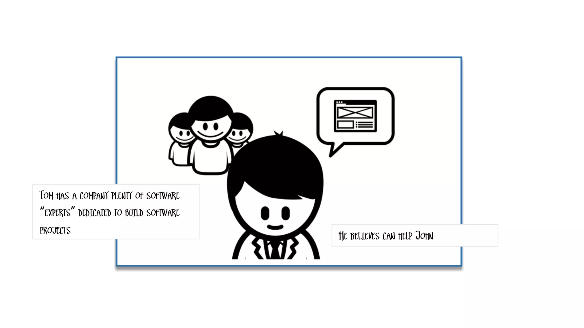 TOM HAS A COMPANY PLENTY OF SOFTWARE
“EXPERTS” DEDICATED TO BUILD SOFTWARE
PROJECTS HE BELIEVES CAN HELP JOHN
 