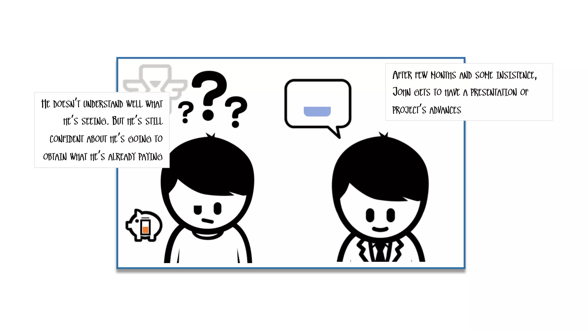 AFTER FEW MONTHS AND SOME INSISTENCE,
JOHN GETS TO HAVE A PRESENTATION OF
PROJECT’S ADVANCES
HE DOESN’T UNDERSTAND WELL WHAT
HE’S SEEING. BUT HE’S STILL
CONFIDENT ABOUT HE’S GOING TO
OBTAIN WHAT HE’S ALREADY PAYING
 