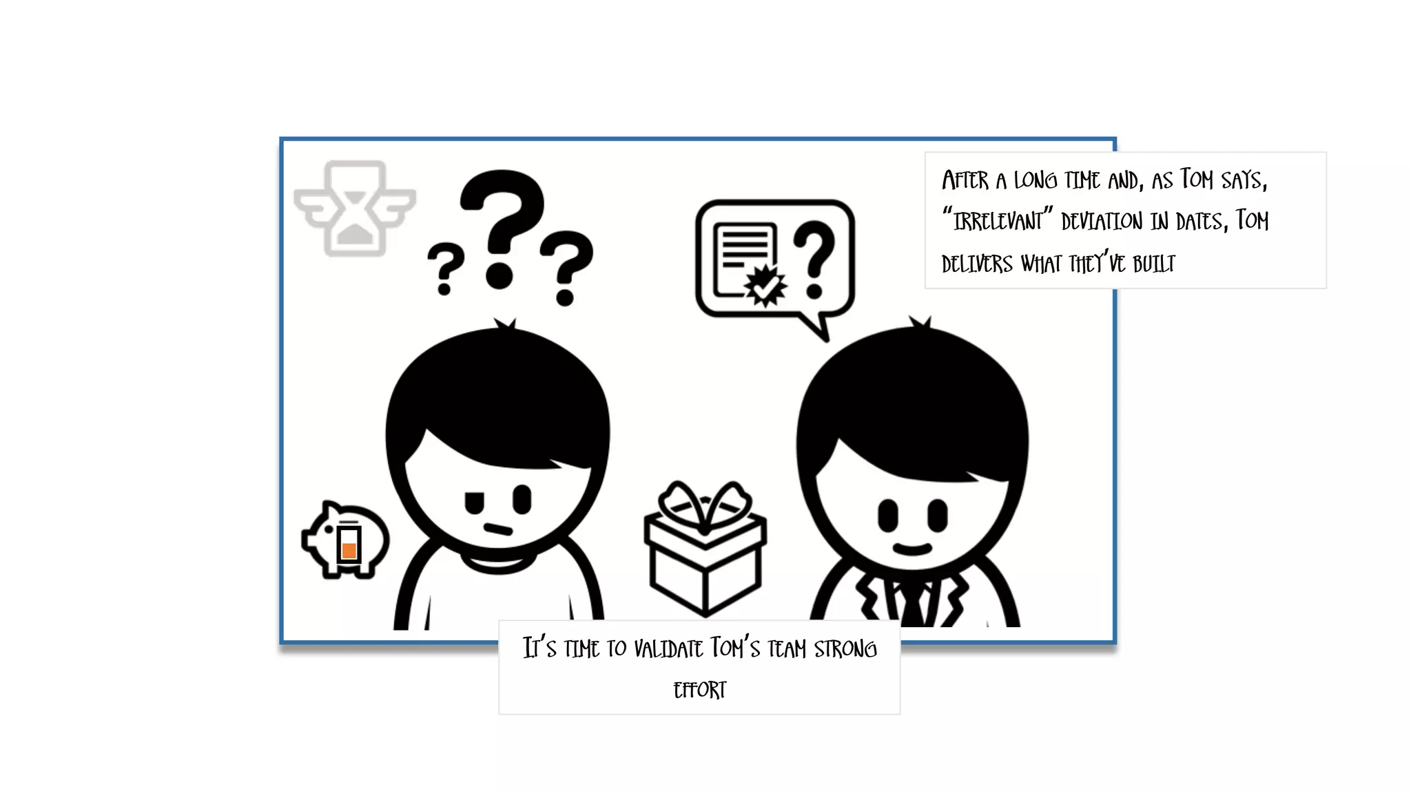 AFTER A LONG TIME AND, AS TOM SAYS,
“IRRELEVANT” DEVIATION IN DATES, TOM
DELIVERS WHAT THEY’VE BUILT
IT’S TIME TO VALIDATE TOM’S TEAM STRONG
EFFORT
 