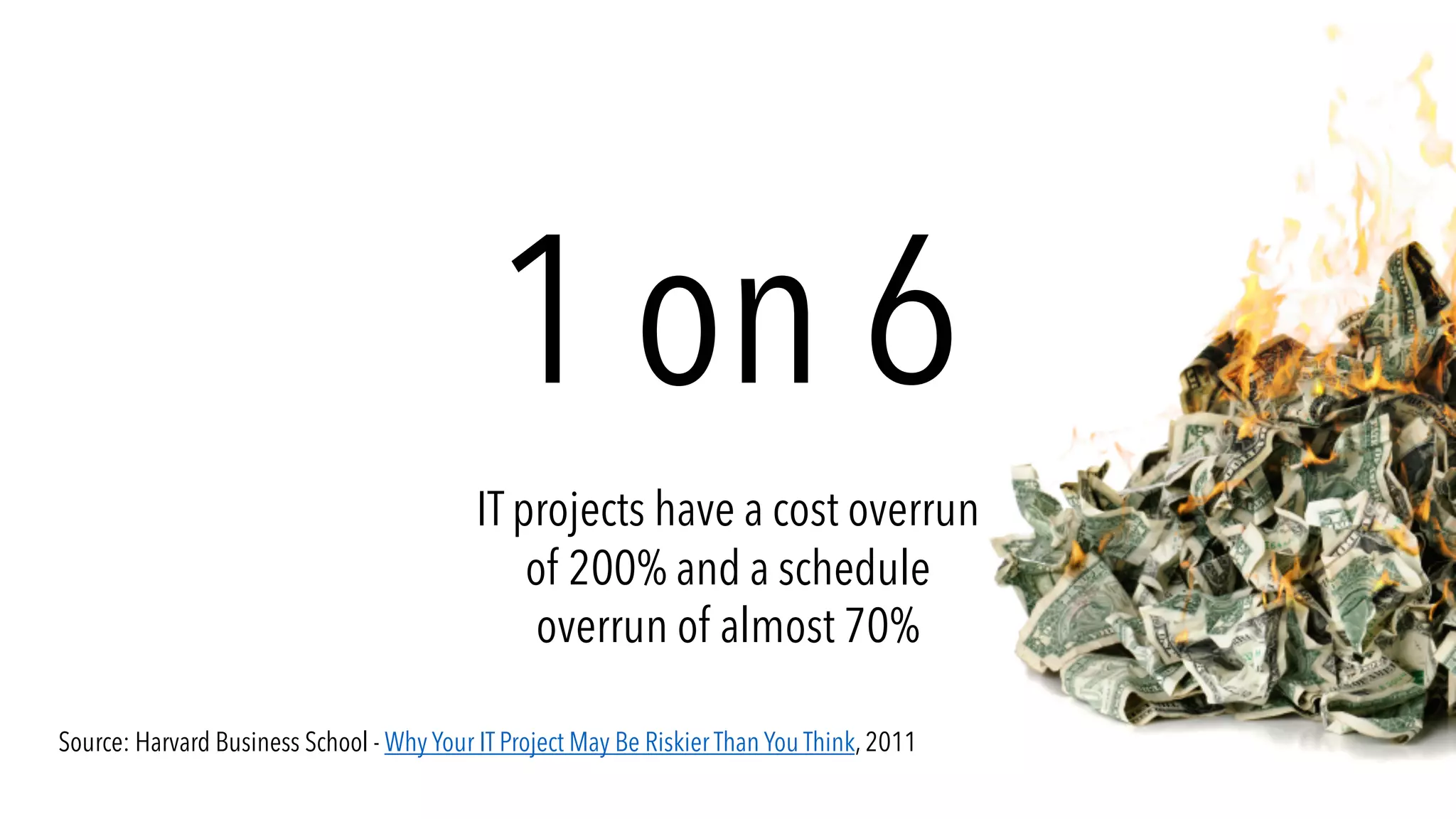 1 on 6
IT projects have a cost overrun
of 200% and a schedule
overrun of almost 70%
Source: Harvard Business School - Why Your IT Project May Be Riskier Than You Think, 2011
 