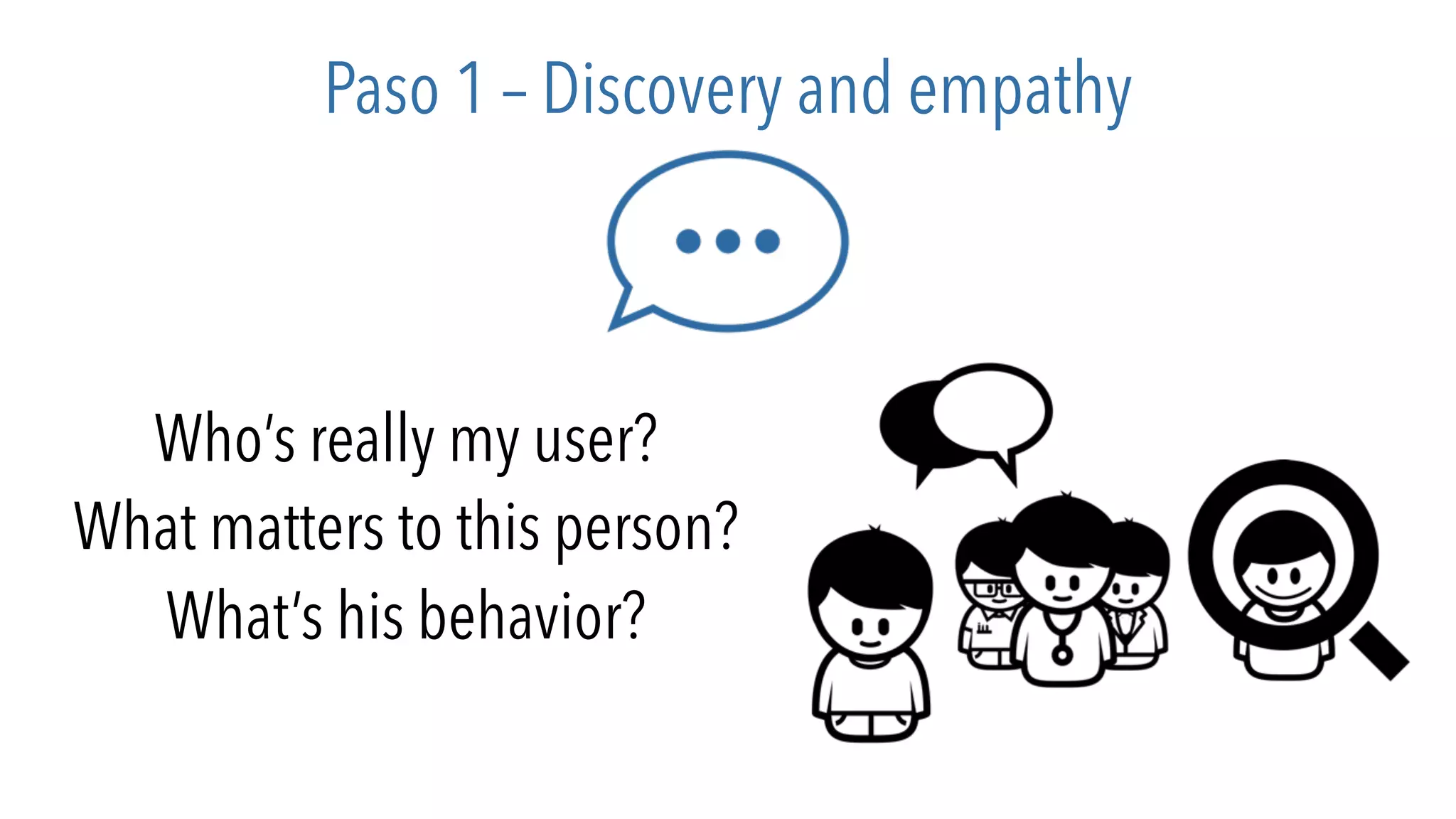 Paso 1 – Discovery and empathy
Who’s really my user?
What matters to this person?
What’s his behavior?
 