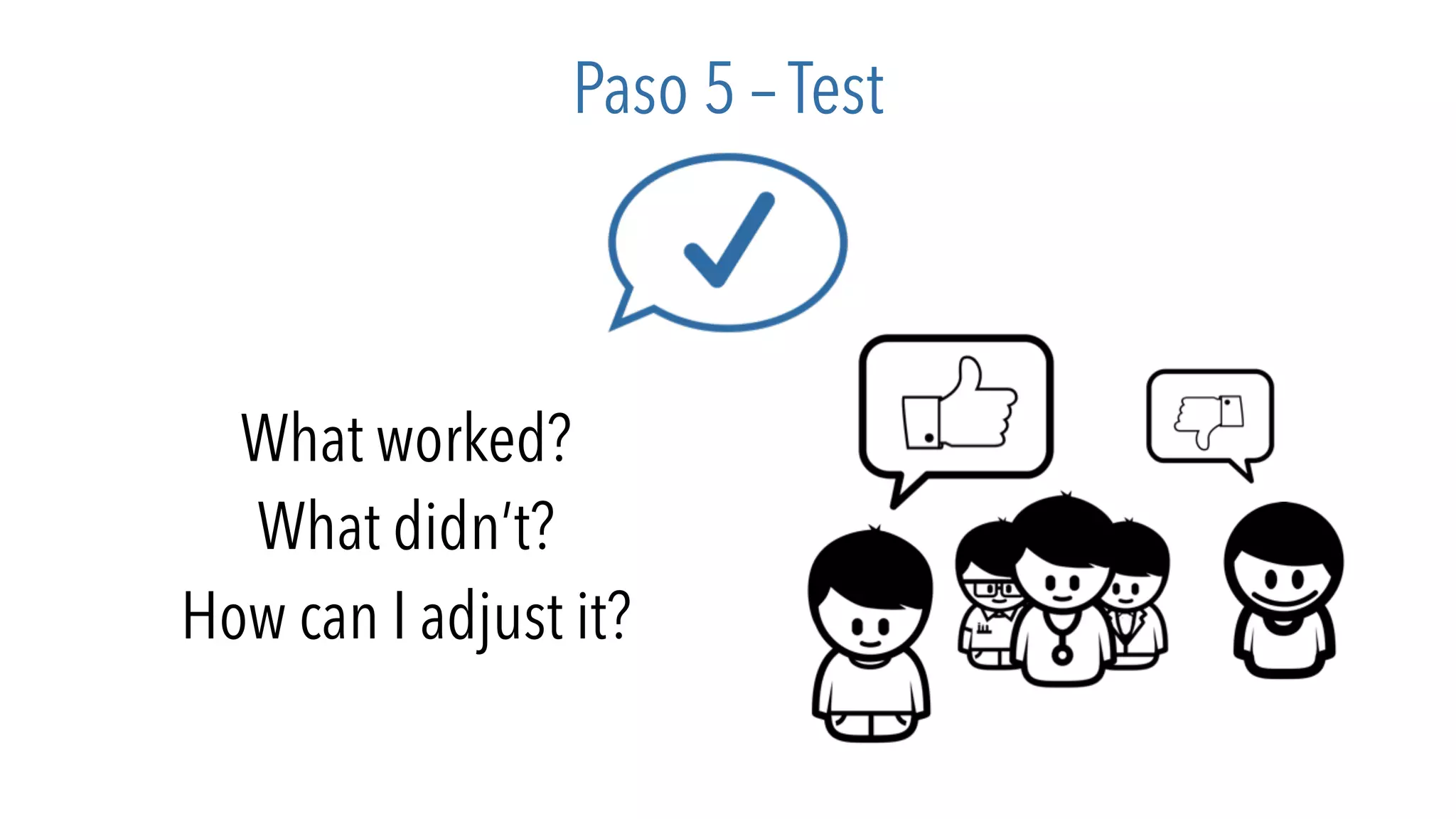 Paso 5 – Test
What worked?
What didn’t?
How can I adjust it?
 