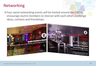 Networking
>Four social networking events will be hosted around the CBD to
 encourage alumni members to interact with each other, exchange
 ideas, contacts and friendships.




Deakin Commerce Alumni Strategic Plan 2011 - 2015                 17
 