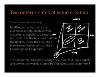 Two determinates of value creation
2. The closeness of relationships

In M&A, soft is hard and the
closeness of relationships with
customers, suppliers, partners
is crucial. The business that has the
deepest rules and the challenge to
is to embed the benefits of their
knowledge/approach.


*Brand architecture plays a huge role here. Is it logos, labels
and layers or worlds shared by employees and customers?
                                Dean Crutchfield Associates
 