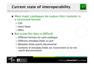 Current state of interoperability
Digital Enterprise Research Institute                                       www.deri.ie




           Most major catalogues do expose their contents in
            a structured format!
                  CSV
                  Atom feeds
                  RDFa
           But using this data is difficult
                  Different formats for each catalogue
                  Different metadata fields in each
                  Metadata fields poorly documented
                  Contents of metadata fields are inconsistent or do not
                   match documentation
 