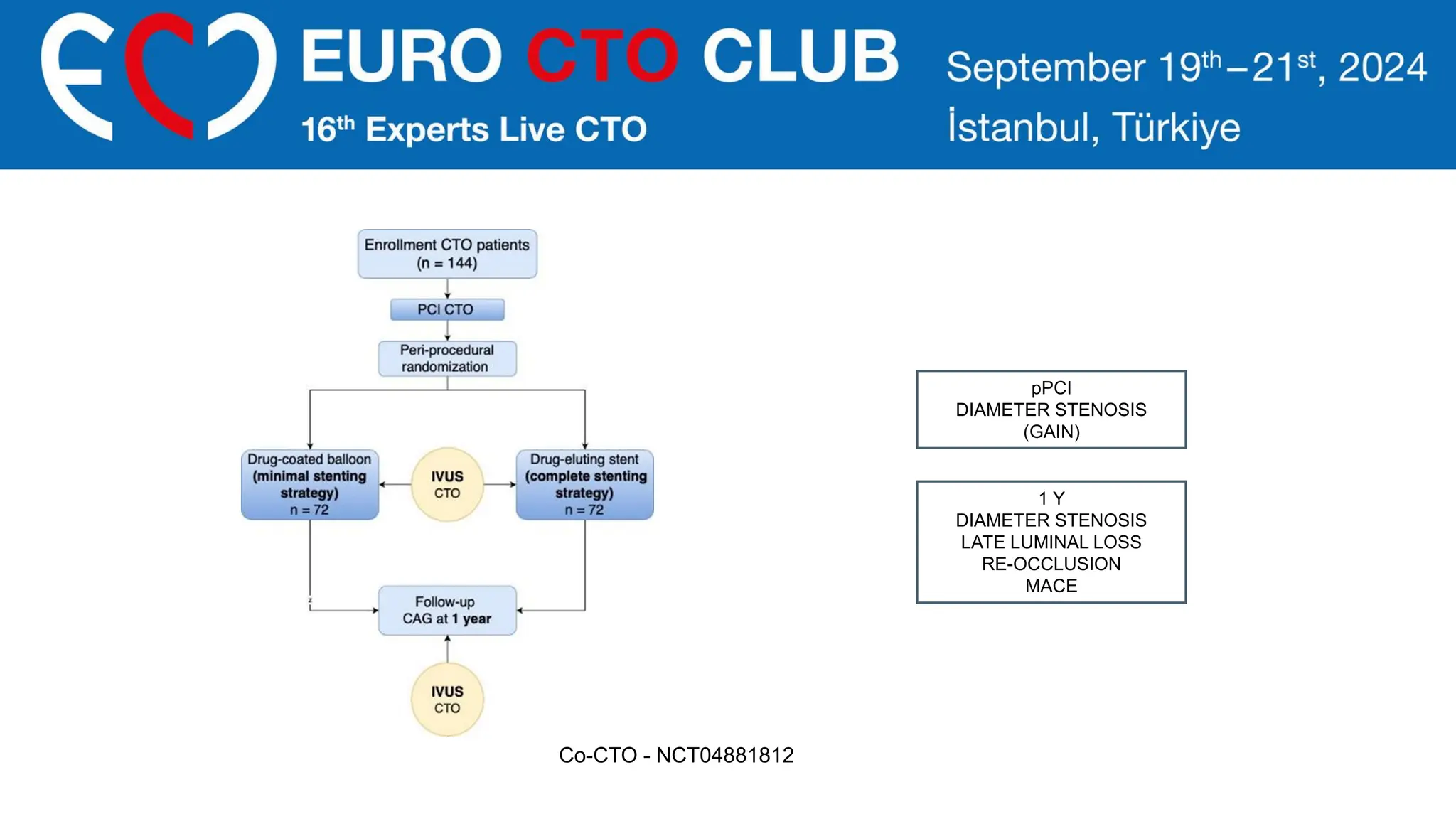 Co-CTO - NCT04881812
pPCI
DIAMETER STENOSIS
(GAIN)
1 Y
DIAMETER STENOSIS
LATE LUMINAL LOSS
RE-OCCLUSION
MACE