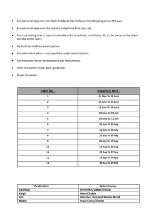  Any personal expense from Delhi to Manali like midway food,shopping,etc on the way.
 Any personal expenses like laundry, telephone bills, tips..etc
 Any cost arising due to natural calamities like landslides, roadblocks..Etc (to be borne by the client
directly on the spot.)
 Tip to driver and tour escort person
 Any other item which is not specified under cost inclusions
 Any entrance fee to the monastery and monuments.
 Inner line permit as per govt. guidelines.
 Travel Insurance.
Batch No - Departure Date -
1 31 May To 11 June
2 05 June To 16 june
3 15 June To 26 June
4 20 June To 01 July
5 30 June To 11 July
6 05 July To 16 July
7 15 July To 26 July
8 20 July To 30 July
9 30 July To 10 Aug
10 14 Aug To 25 Aug
11 29 Aug To 09 Sep
12 13 Sep To 24 Sep
13 28 Sep To 09 Oct
Destination Hotels/camps
Sonmarg Divine inn/ Akbar/Similar
Kargil Hotel Chutuk
Leh Hotel lehchenAnd Mantra Hotel
Nubra Regal Camp/Similar
 