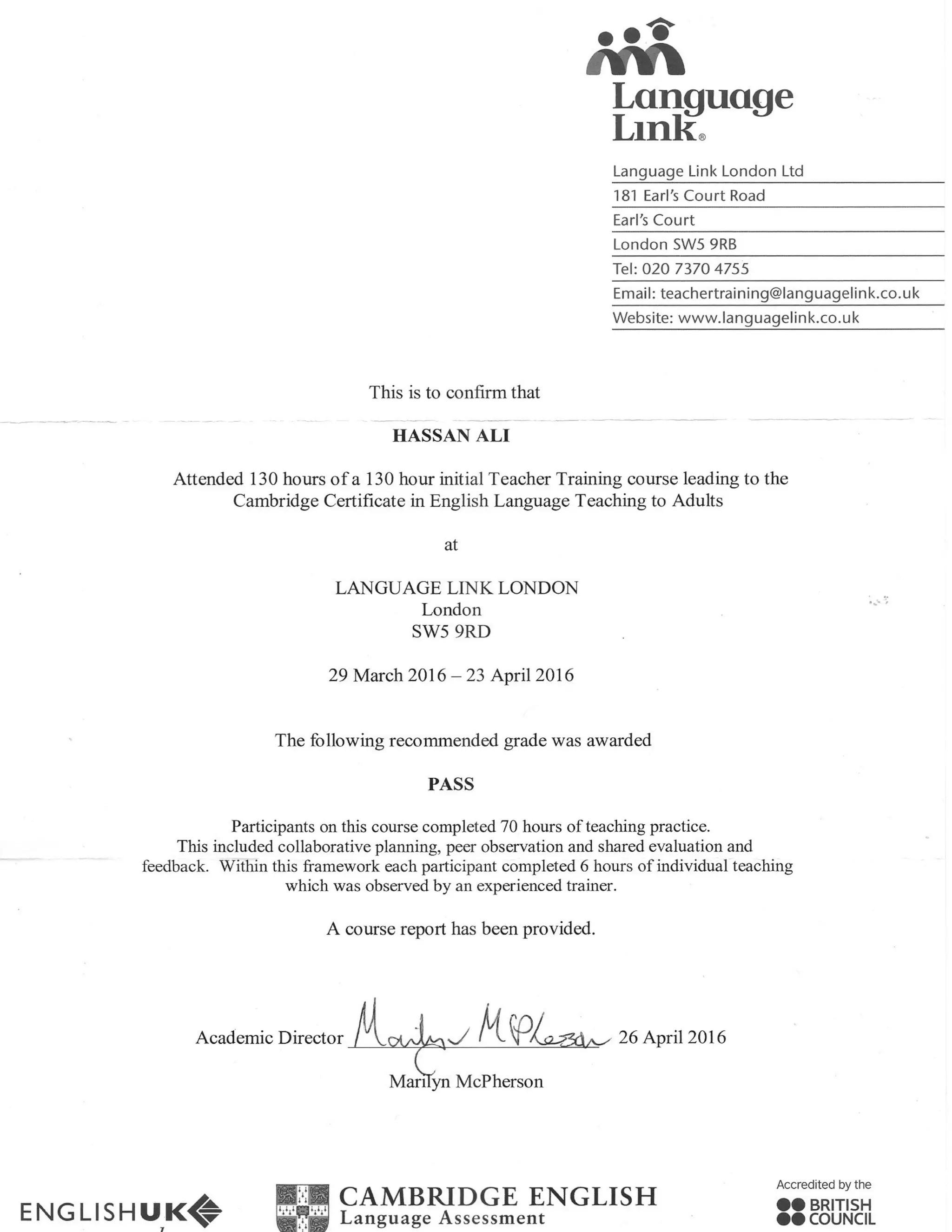 CELTA end of course report PDF