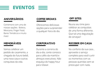 Comemore com uma de
nossas opções: Boteco,
Mexicano, Finger Food,
Bares Temáticos e muito
mais!
ANIVERSÁRIOS
MEMORÁVEIS
Vamos celebrar um
pedido de casamento, a
chegada do futuro bebê,
uma nova casa e outras
conquistas da vida.
OFF SITES
Reuna seu time para
celebrar as conquistas
de uma forma diferente.
Que tal uma degustação
de cervejas?
COFFEE BREAKS
Oferecemos deliciosas
opções para surpreender
a qualquer hora do dia.
CORPORATIVO
Durante a correria do
dia-a-dia, conte conosco
para cafés-da-manhã e
almoços executivos. Não
esqueça do happy hour
para relaxar.
RECEBER EM CASA
No conforto da sua casa ,
aproveite o serviço
completo para você curtir
os momentos com as
pessoas queridas sem se
preocupar com nada.
EVENTOS
 