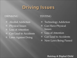 DRINKING TEXTING Alcohol Addiction Physical Issues Loss of Attention Can Lead to Accidents Laws Against Doing Technology Addiction Can Have Physical Issues Loss of Attention Can Lead to Accidents  New Laws Being Passed Raising A Digital Child 