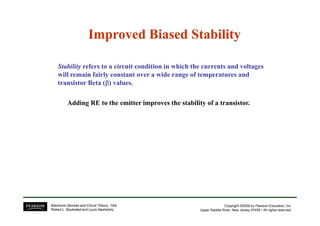Improved Biased StabilityImproved Biased Stability
Stability refers to a circuit condition in which the currents and voltages
will remain fairly constant over a wide range of temperatures and
transistor Beta (ββββ) values.
Adding RE to the emitter improves the stability of a transistor.
Copyright ©2009 by Pearson Education, Inc.
Upper Saddle River, New Jersey 07458 • All rights reserved.
Electronic Devices and Circuit Theory, 10/e
Robert L. Boylestad and Louis Nashelsky
 