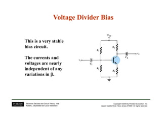 Voltage Divider BiasVoltage Divider Bias
This is a very stable
bias circuit.
The currents and
Copyright ©2009 by Pearson Education, Inc.
Upper Saddle River, New Jersey 07458 • All rights reserved.
Electronic Devices and Circuit Theory, 10/e
Robert L. Boylestad and Louis Nashelsky
The currents and
voltages are nearly
independent of anyany
variations in ββββ.
 