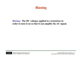 BiasingBiasing
Biasing:Biasing: TThe DC voltages applied to a transistor in
order to turn it on so that it can amplify the AC signal.
Copyright ©2009 by Pearson Education, Inc.
Upper Saddle River, New Jersey 07458 • All rights reserved.
Electronic Devices and Circuit Theory, 10/e
Robert L. Boylestad and Louis Nashelsky
 