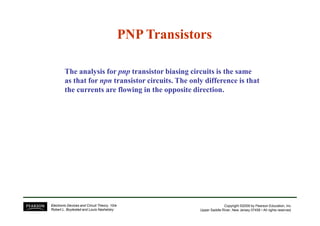 PNP TransistorsPNP Transistors
The analysis for pnp transistor biasing circuits is the same
as that for npn transistor circuits. The only difference is that
the currents are flowing in the opposite direction.
Copyright ©2009 by Pearson Education, Inc.
Upper Saddle River, New Jersey 07458 • All rights reserved.
Electronic Devices and Circuit Theory, 10/e
Robert L. Boylestad and Louis Nashelsky
 