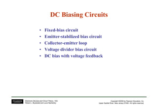 DC Biasing CircuitsDC Biasing Circuits
• Fixed-bias circuit
• Emitter-stabilized bias circuit
• Collector-emitter loop
• Voltage divider bias circuit
• DC bias with voltage feedback
Copyright ©2009 by Pearson Education, Inc.
Upper Saddle River, New Jersey 07458 • All rights reserved.
Electronic Devices and Circuit Theory, 10/e
Robert L. Boylestad and Louis Nashelsky
• DC bias with voltage feedback
 