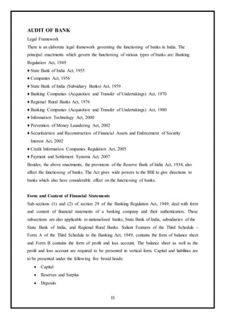 15
AUDIT OF BANK
Legal Framework
There is an elaborate legal framework governing the functioning of banks in India. The
principal enactments which govern the functioning of various types of banks are: Banking
Regulation Act, 1949
♦ State Bank of India Act, 1955
♦ Companies Act, 1956
♦ State Bank of India (Subsidiary Banks) Act, 1959
♦ Banking Companies (Acquisition and Transfer of Undertakings) Act, 1970
♦ Regional Rural Banks Act, 1976
♦ Banking Companies (Acquisition and Transfer of Undertakings) Act, 1980
♦ Information Technology Act, 2000
♦ Prevention of Money Laundering Act, 2002
♦ Securitization and Reconstruction of Financial Assets and Enforcement of Security
Interest Act, 2002
♦ Credit Information Companies Regulation Act, 2005
♦ Payment and Settlement Systems Act, 2007
Besides, the above enactments, the provisions of the Reserve Bank of India Act, 1934, also
affect the functioning of banks. The Act gives wide powers to the RBI to give directions to
banks which also have considerable effect on the functioning of banks.
Form and Content of Financial Statements
Sub-sections (1) and (2) of section 29 of the Banking Regulation Act, 1949, deal with form
and content of financial statements of a banking company and their authentication. These
subsections are also applicable to nationalized banks, State Bank of India, subsidiaries of the
State Bank of India, and Regional Rural Banks. Salient Features of the Third Schedule -
Form A of the Third Schedule to the Banking Act, 1949, contains the form of balance sheet
and Form B contains the form of profit and loss account. The balance sheet as well as the
profit and loss account are required to be presented in vertical form. Capital and liabilities are
to be presented under the following five broad heads:
 Capital
 Reserves and Surplus
 Deposits
 