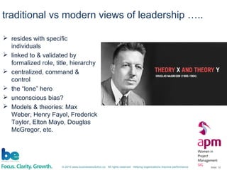 © 2015 www.businessevolution.co All rights reserved Helping organizations improve performance Slide: 12
 resides with specific
individuals
 linked to & validated by
formalized role, title, hierarchy
 centralized, command &
control
 the “lone” hero
 unconscious bias?
 Models & theories: Max
Weber, Henry Fayol, Frederick
Taylor, Elton Mayo, Douglas
McGregor, etc.
traditional vs modern views of leadership …..
 