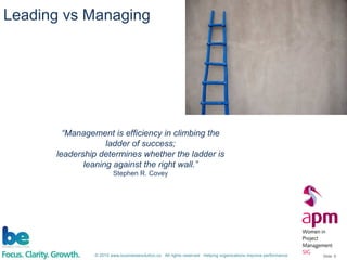 © 2015 www.businessevolution.co All rights reserved Helping organizations improve performance Slide: 6
Leading vs Managing
“Management is efficiency in climbing the
ladder of success;
leadership determines whether the ladder is
leaning against the right wall.”
Stephen R. Covey
 