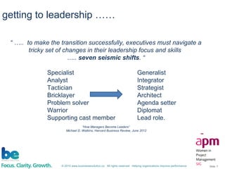 © 2015 www.businessevolution.co All rights reserved Helping organizations improve performance Slide: 7
getting to leadership ……
“ ….. to make the transition successfully, executives must navigate a
tricky set of changes in their leadership focus and skills
….. seven seismic shifts. “
Specialist Generalist
Analyst Integrator
Tactician Strategist
Bricklayer Architect
Problem solver Agenda setter
Warrior Diplomat
Supporting cast member Lead role.
“How Managers Become Leaders”
Michael D. Watkins, Harvard Business Review, June 2012
 
