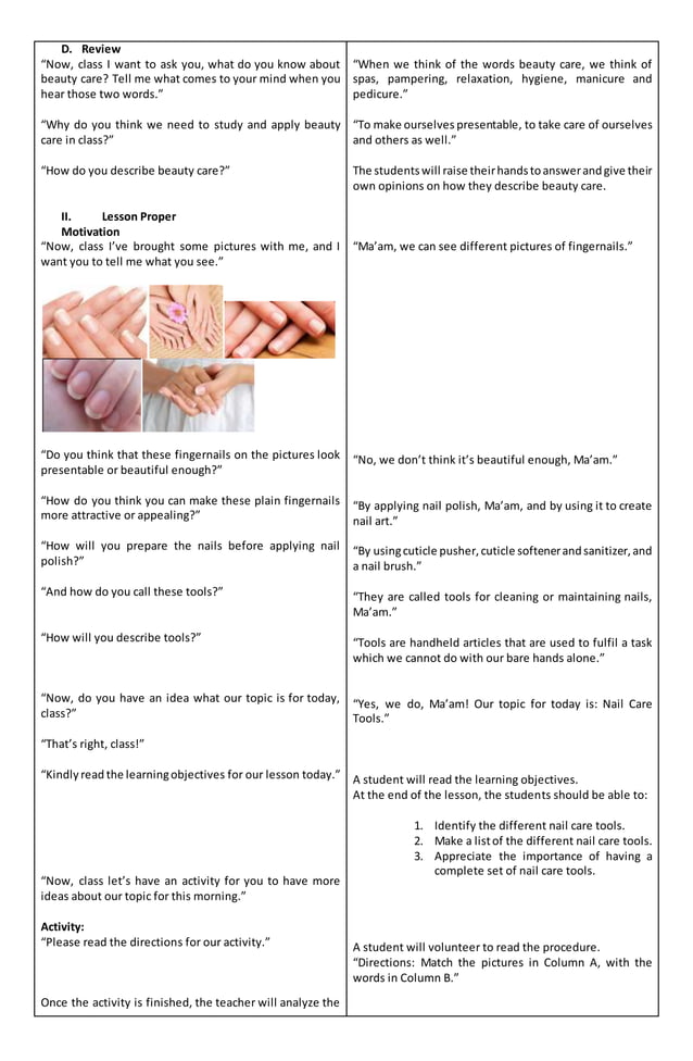 Detailed Lesson Plan inT.L.E. BEAUTY CARE: Nail Care Services - Nail