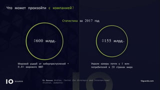 10GUARDS.COM
Что может произойти с компанией?
По данным McAfee, Center for Strategic and International
Studies, Symantec
Статистика за 2017 год
Украли хакеры почти у 1 млн
потребителей в 20 странах мира
Мировой ущерб от киберпреступлений =
0,8% мирового ВВП
$155 млрд.$600 млрд.
 