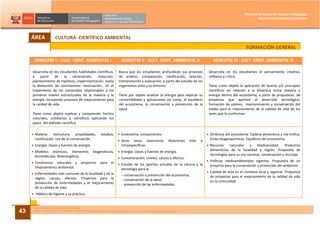 DISEÑO CURRICULAR BÁSICO NACIONAL
PARA LA CARRERA PROFESIONAL DE PROFESOR DE EDUCACIÓN SECUNDARIA EN LA ESPECIALIDAD DE CIENCIAS SOCIALES43
Dirección de Educación Superior Pedagógica
Área de Formación Inicial Docente
CULTURA CIENTÍFICO AMBIENTAL
SEMESTRE I – CULT. CIENT. AMBIENTAL I SEMESTRE II - CULT. CIENT. AMBIENTAL II SEMESTRE III - CULT. CIENT. AMBIENTAL III
Desarrolla en los estudiantes habilidades científicas,
a partir de la observación, inducción,
planteamiento de hipótesis, experimentación, hasta
la deducción de conclusiones –teorización-, en el
tratamiento de los contenidos relacionados a los
primeros niveles estructurales de la materia y la
energía, incluyendo procesos de mejoramiento para
la calidad de vida.
Tiene como objeto explicar y comprender hechos
naturales, cotidianos y científicos aplicando los
pasos del método científico
Busca que los estudiantes profundicen sus procesos
de análisis, comparación, clasificación, relación,
interpretación y evaluación, a partir del estudio de los
organismos vivos y su entorno.
Tiene por objeto analizar la energía para explicar su
convertibilidad y aplicaciones así como, el equilibrio
del ecosistema, la conservación y prevención de la
salud.
Desarrolla en los estudiantes el pensamiento creativo,
reflexivo y crítico.
Tiene como objeto la aplicación de teorías y/o principios
científicos en relación a la dinámica entre materia y
energía dentro del ecosistema, a partir de propuestas de
proyectos que aporten al desarrollo tecnológico,
formación de valores, mantenimiento y conservación del
medio para el mejoramiento de la calidad de vida de los
seres que lo conforman.
• Materia: estructura, propiedades, estados,
clasificación. Ley de la conservación.
• Energía: clases y fuentes de energía.
• Modelos atómicos. Elementos biogenésicos,
biomoléculas. Bioenergética.
• Fenómenos naturales y proyectos para el
mejoramiento ambiental.
• Enfermedades más comunes de la localidad y de la
región, causas, efectos. Proyectos para la
prevención de enfermedades y el mejoramiento
de la calidad de vida.
• Hábitos de higiene y su práctica.
• Ecosistema, componentes.
• Seres vivos, taxonomía. Relaciones inter e
intraespecíficas.
• Energía: clases y fuentes de energía.
• Contaminación: niveles, causas y efectos.
• Estudio de los aportes actuales de la ciencia y la
tecnología para la:
- conservación y prevención del ecosistema.
- conservación de la salud.
- prevención de las enfermedades.
• Dinámica del ecosistema. Cadena alimenticia y red trófica.
Ciclos biogeoquímicos. Equilibrio del ecosistema.
• Recursos naturales y biodiversidad. Productos
alimenticios de la localidad y región. Propuesta de
tecnologías para su uso racional, conservación y reciclaje.
• Políticas medioambientales vigentes. Propuesta de un
proyecto para la conservación y protección del ambiente.
• Calidad de vida en el contexto local y regional. Propuesta
de proyectos para el mejoramiento de la calidad de vida
en la comunidad.
FORMACIÓN GENERAL
ÁREA
 