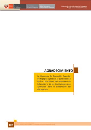 Dirección de Educación Superior Pedagógica
                                                                                          Área de Formación Inicial Docente




                                                          AGRADECIMIENTO
                                             La Dirección de Educación Superior
                                             Pedagógica agradece la participación
                                             de los Consultores del Ministerio de
                                             Educación y de las Instituciones que
                                             aportaron para la elaboración del
                                             documento.




      DISEÑO CURRICULAR BÁSICO NACIONAL
      PARA LA CARRERA PROFESIONAL DE PROFESOR EN IDIOMAS ESPECIALIDAD: INGLÉS
132
 